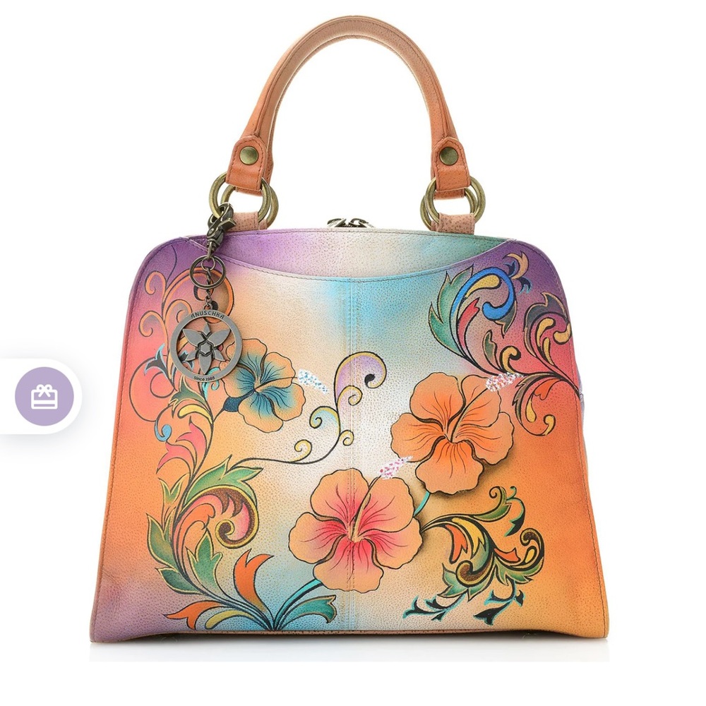 NEW - Anuschka Multi Compartment Hand Painted Leather Satchel - Henna Floral